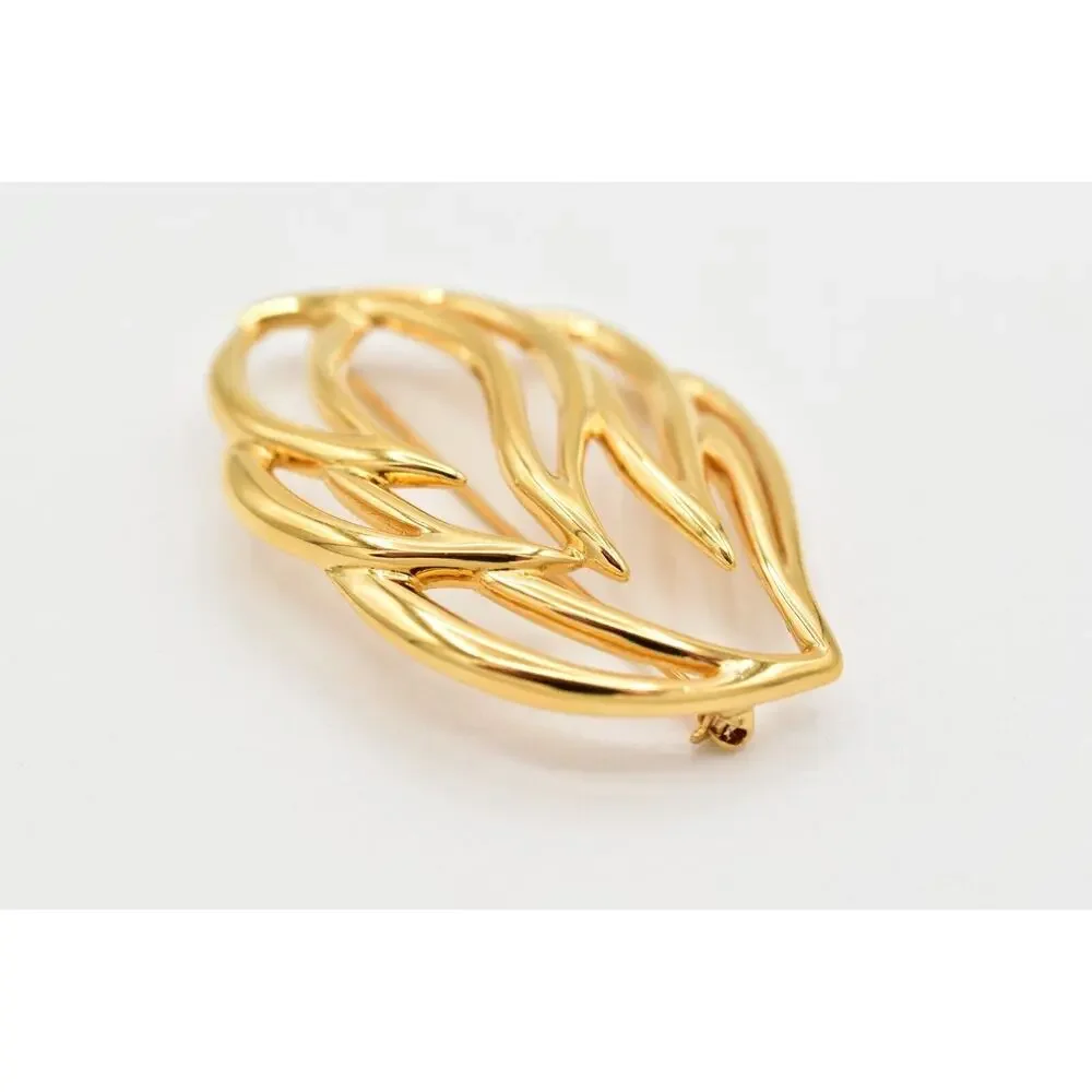 Monet Vintage Leaf Pin Brooch Gold Tone Abstract Chunky Fall Signed 1970s BinBG